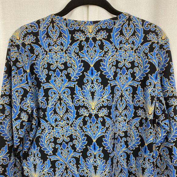 J.McLaughlin Black&Blue Leaf Print Catalina Cloth 3/4 Sleeve Blouse Sz.L - Picture 9 of 12
